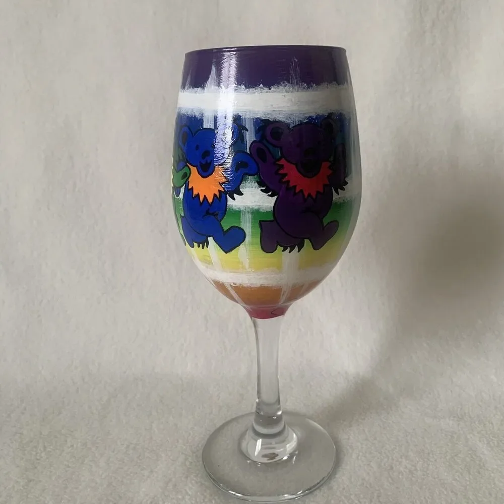 ORIGINAL Rebecca Suriano Hand Painted Grateful Dead Dancing Bears Wine Glasses